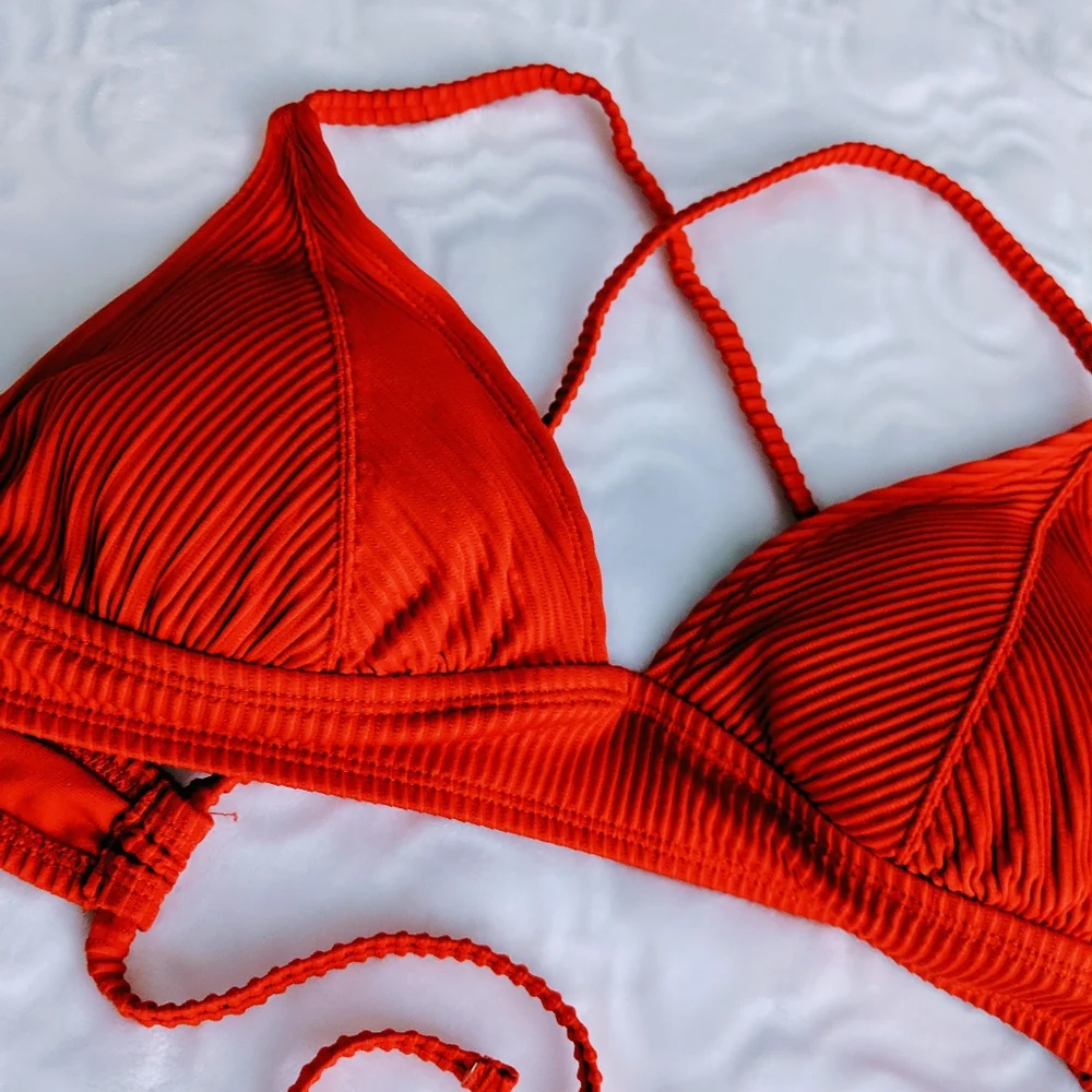 XHILARATION Ribbed Orange TieBack Bikini Top NWT L